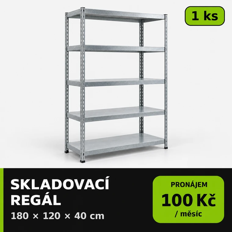Skladovací regál 180 × 120 × 40 cm, pronájem 100 Kč za započatý měsíc